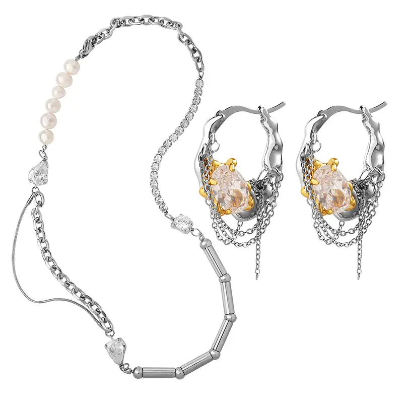 Titanium Steel Necklace & Earrings Set with Freshwater Pearl & Zircon - Image 6