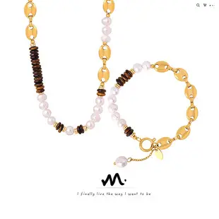 Titanium Steel Necklace & Earrings Set with Freshwater Pearl & Zircon — feature 2