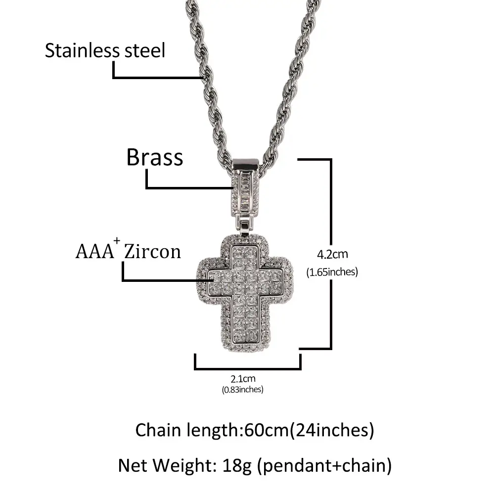 Hip Hop Cross Pendant Necklace with Zircon & Brass Chain - Image 4