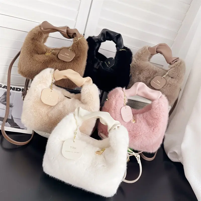 2022 Faux Wool Handbag for Women Beige - Image 8