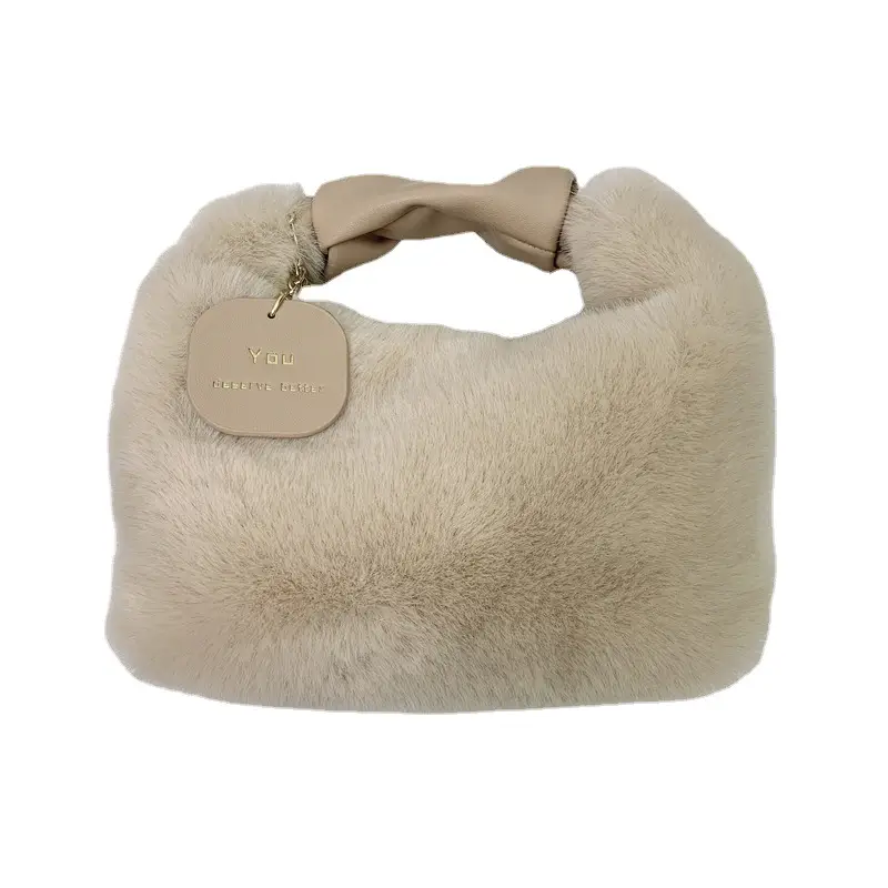 2022 Faux Wool Handbag for Women Beige - Image 11