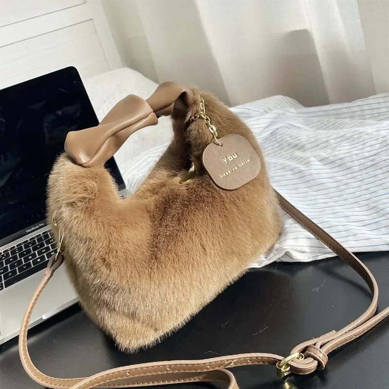 2022 Faux Wool Handbag for Women Beige - Image 2