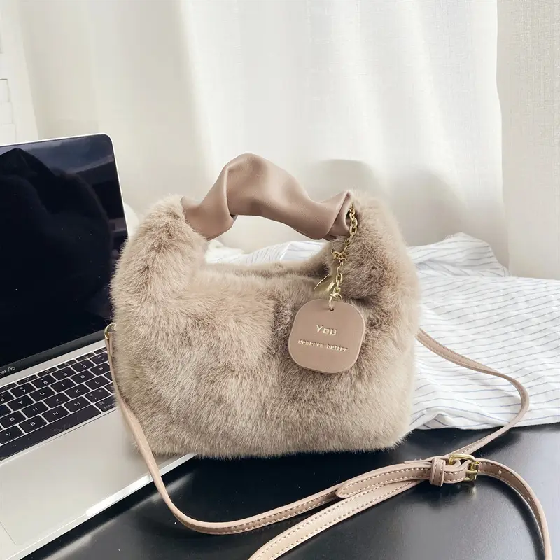 2022 Faux Wool Handbag for Women Beige - Image 5