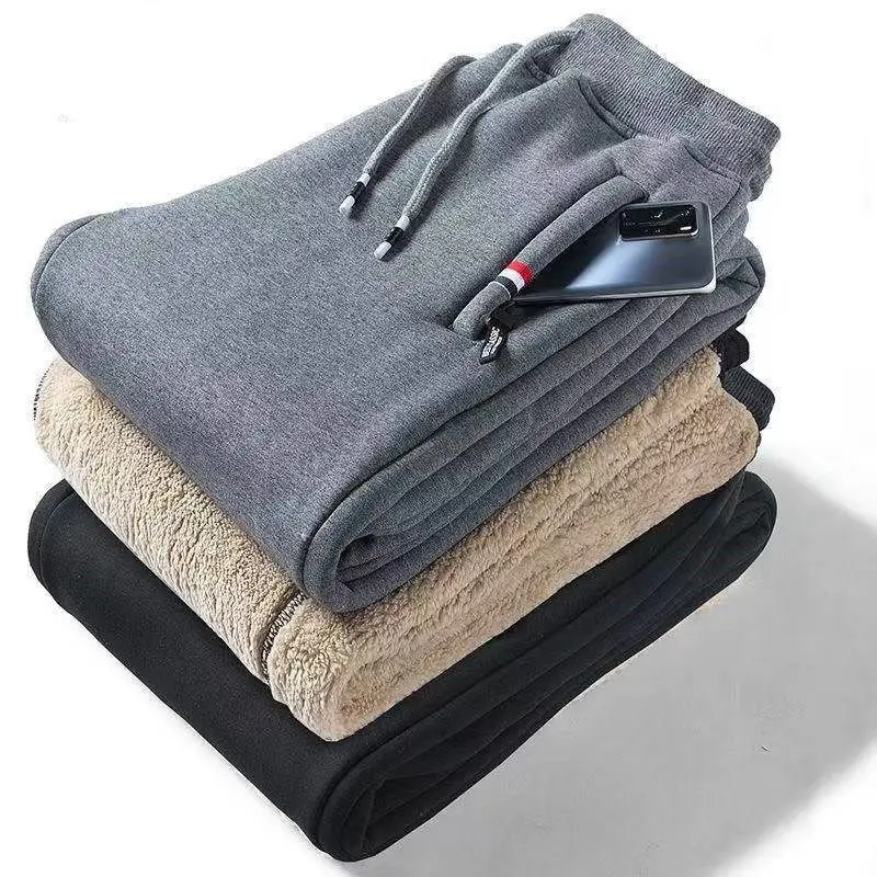 Men Fleece Sweatpants Black Warm Winter Casual Pants