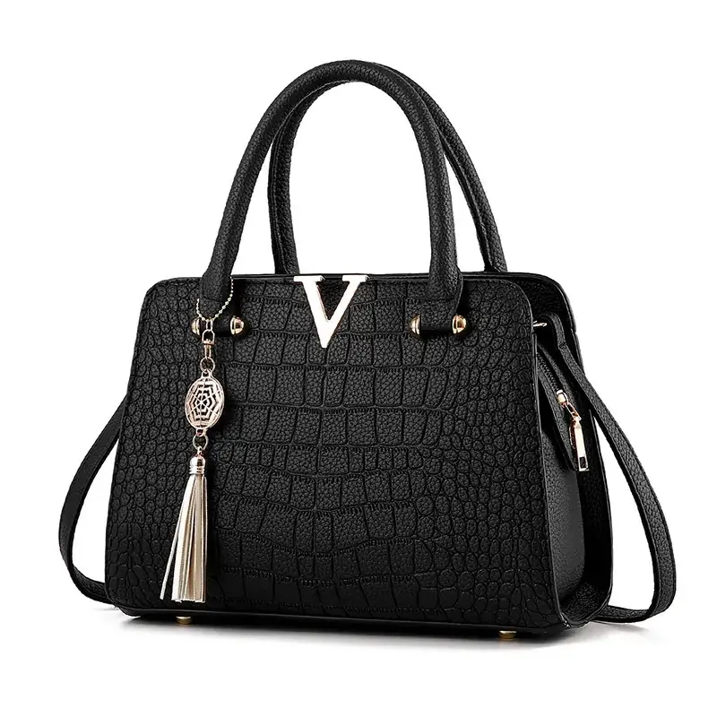 Maroon Croc Leather Women's Handbag with Tassel - Image 6