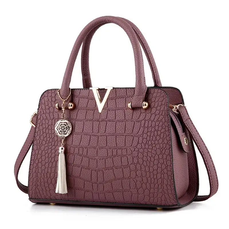 Maroon Croc Leather Women's Handbag with Tassel - Image 7