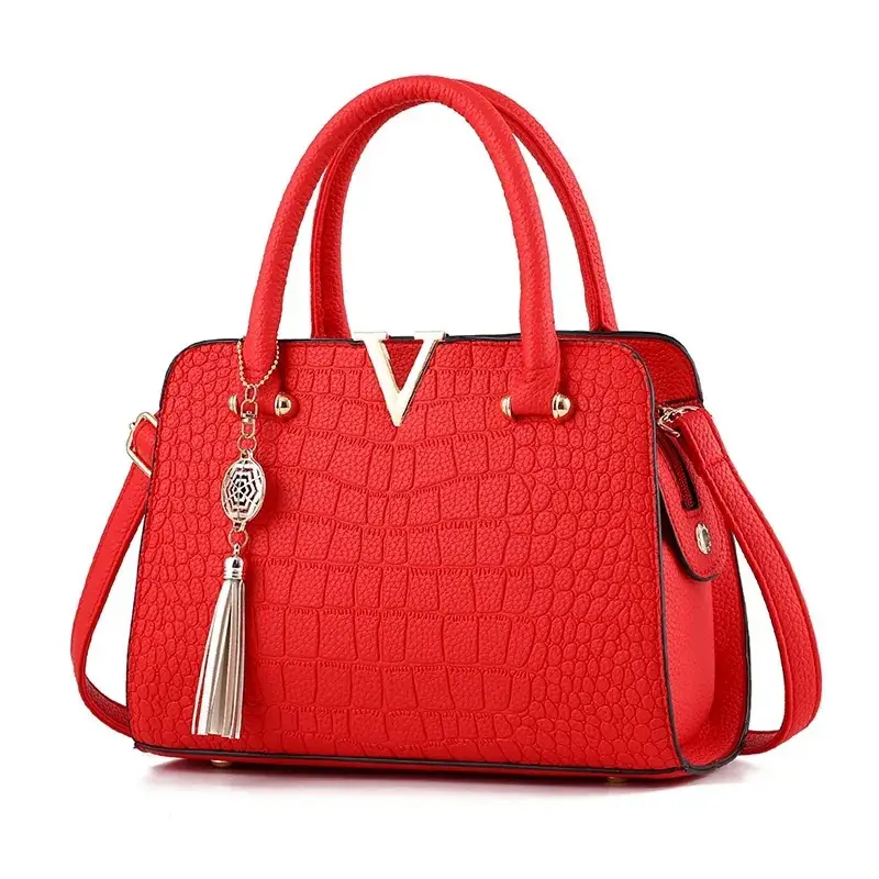 Maroon Croc Leather Women's Handbag with Tassel - Image 8