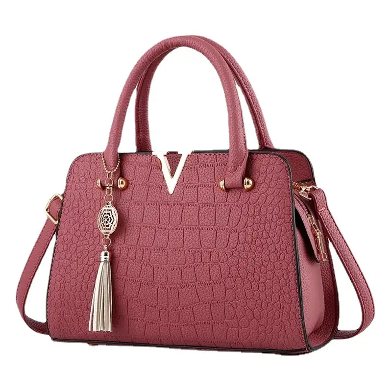 Maroon Croc Leather Women's Handbag with Tassel - Image 9