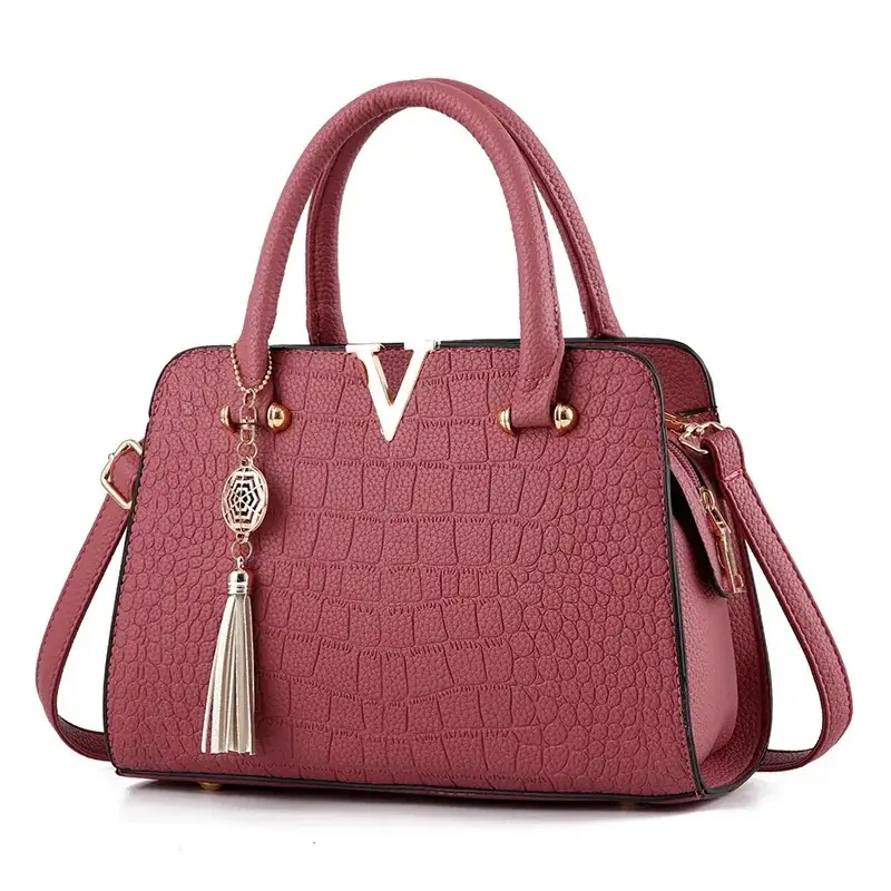 Maroon Croc Leather Women's Handbag with Tassel - Image 5
