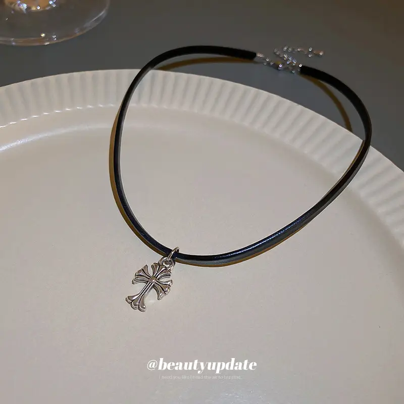 Cross Choker Necklace Black Artificial Leather Wholesale - Image 3