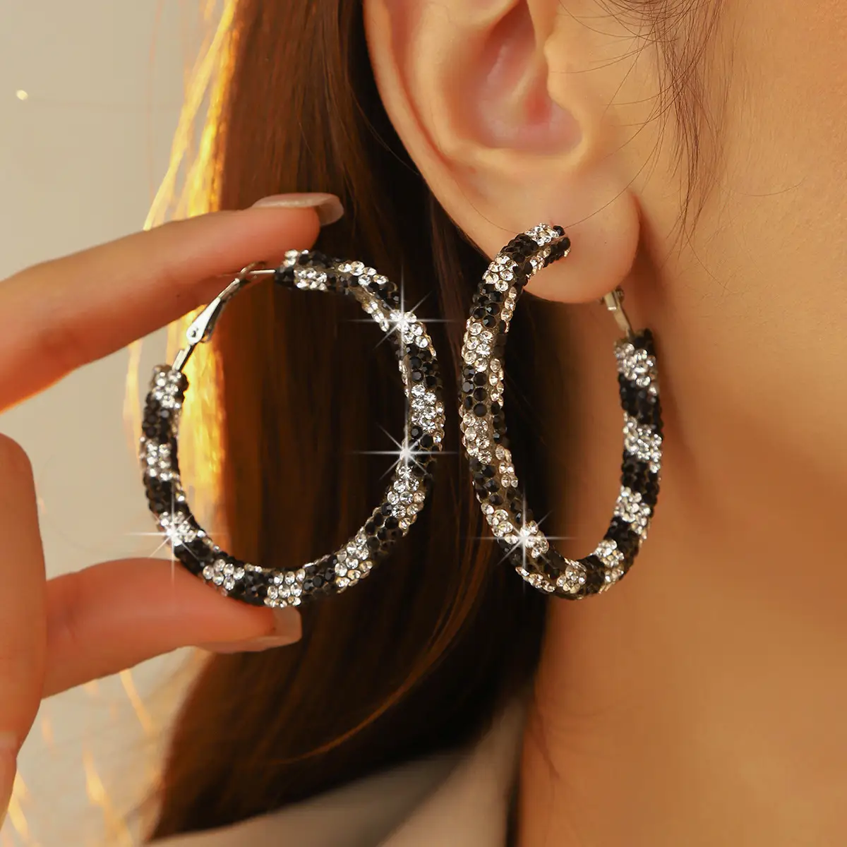 Double Row Exaggerated Diamond Hoop Earrings - Image 12