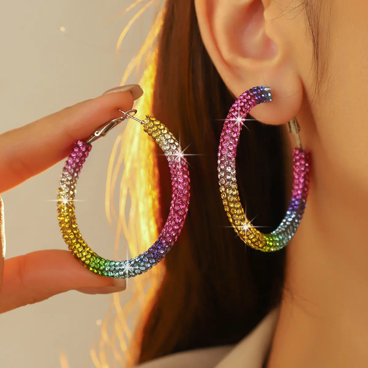 Double Row Exaggerated Diamond Hoop Earrings - Image 20