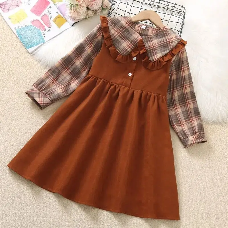 Girls Plaid Long Sleeve Dress Brown Mid-Length - Image 2