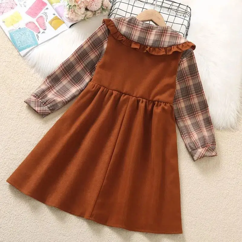 Girls Plaid Long Sleeve Dress Brown Mid-Length - Image 3
