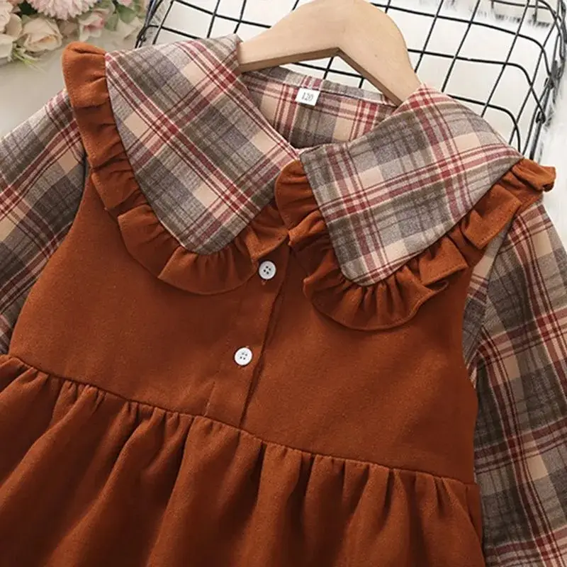 Girls Plaid Long Sleeve Dress Brown Mid-Length - Image 4