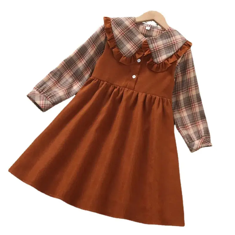 Girls Plaid Long Sleeve Dress Brown Mid-Length - Image 5