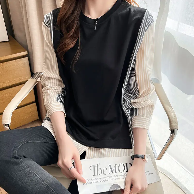 Women Striped Patchwork Long Sleeve Top Black - Image 3