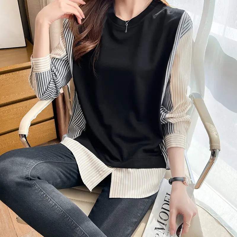 Women Striped Patchwork Long Sleeve Top Black - Image 4