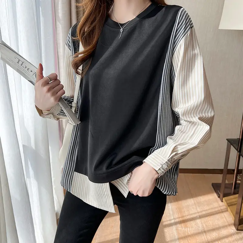 Women Striped Patchwork Long Sleeve Top Black - Image 5