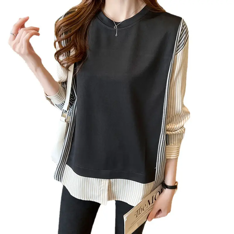 Women Striped Patchwork Long Sleeve Top Black - Image 6