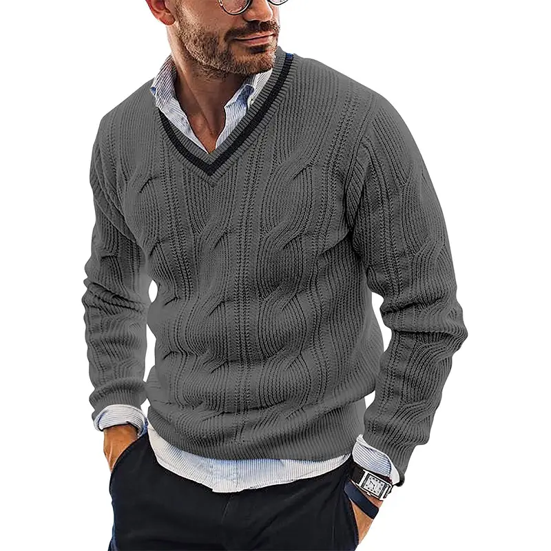Men's V-Neck Knitted Sweater White Long Sleeve