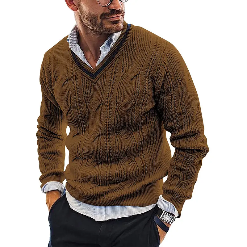 Men's V-Neck Knitted Sweater White Long Sleeve