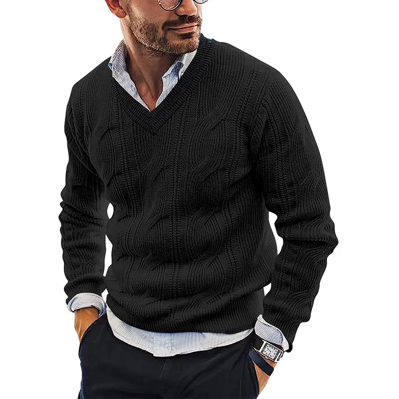 Men's V-Neck Knitted Sweater White Long Sleeve