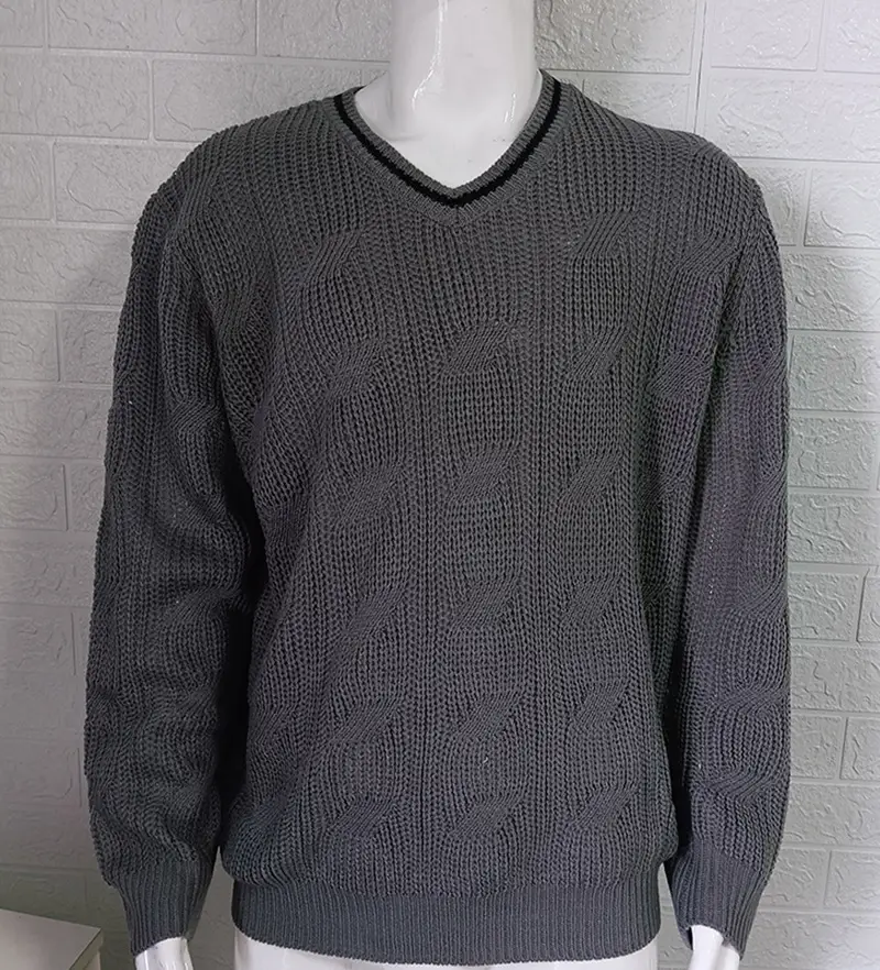 Men's V-Neck Knitted Sweater White Long Sleeve