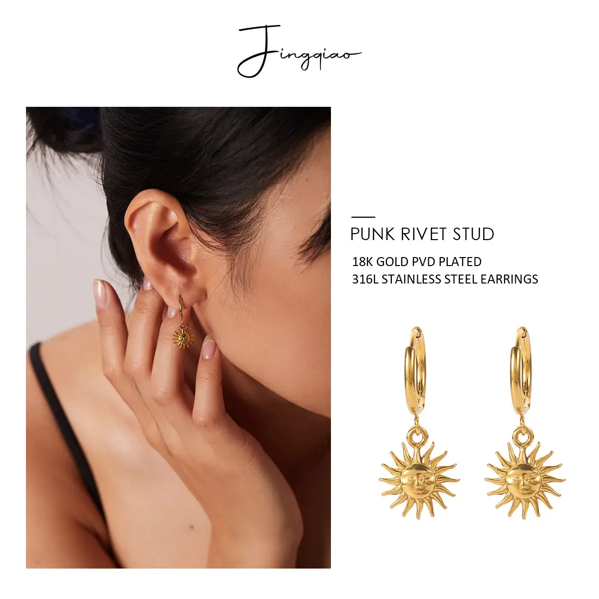 French Retro Titanium Steel Sun Pendant Earrings Gold - Image 3