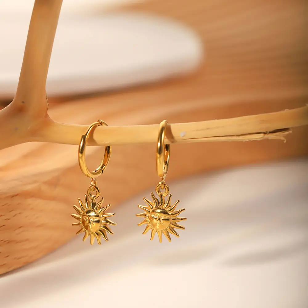 French Retro Titanium Steel Sun Pendant Earrings Gold - Image 5