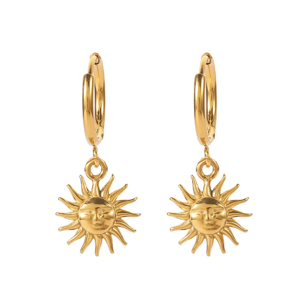 French Retro Titanium Steel Sun Pendant Earrings Gold - Image 6