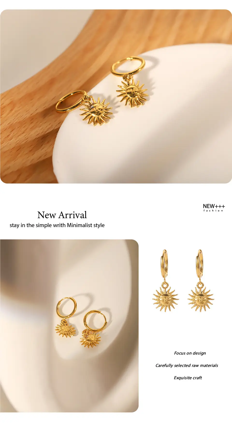 French Retro Titanium Steel Sun Pendant Earrings Gold — feature 7