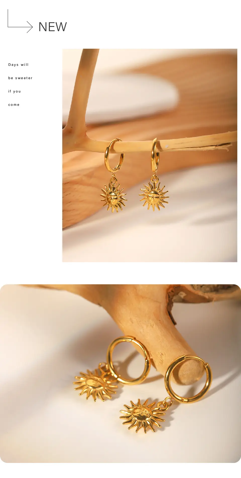 French Retro Titanium Steel Sun Pendant Earrings Gold — feature 8