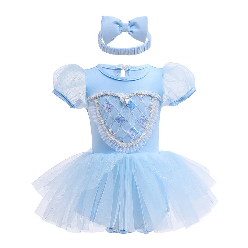 Baby Girl Blue Tulle Crawling Suit with Bow Headband - Image 12