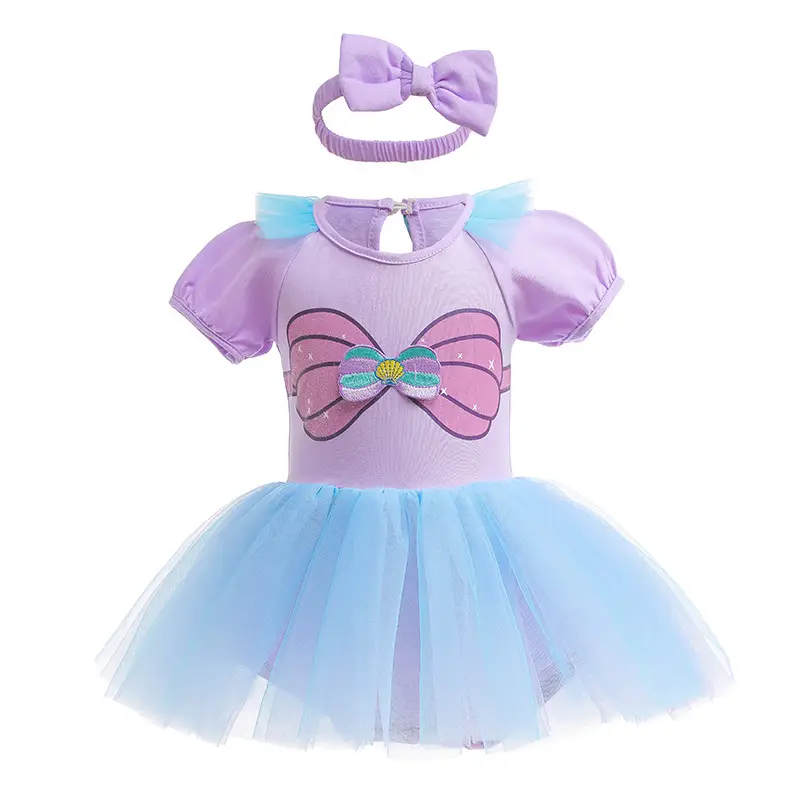 Baby Girl Blue Tulle Crawling Suit with Bow Headband - Image 3