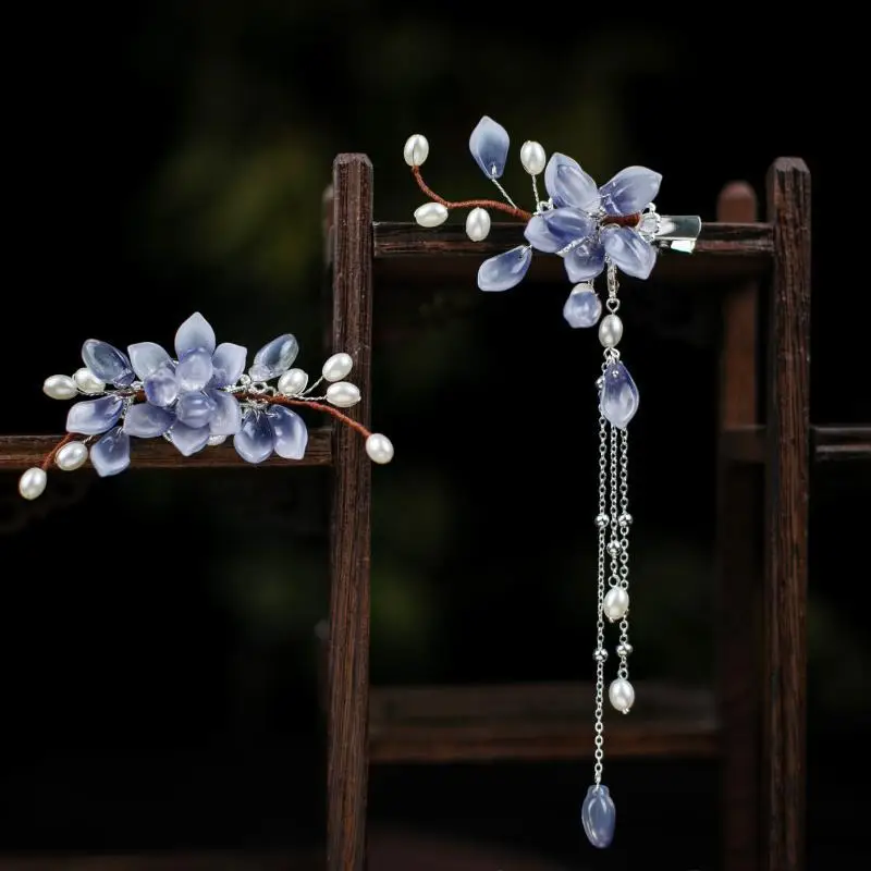 Blue Flower Hair Clip with Pearl Accents - Image 3