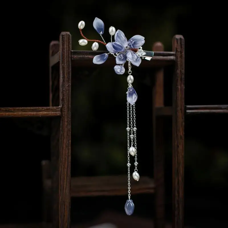 Blue Flower Hair Clip with Pearl Accents - Image 5