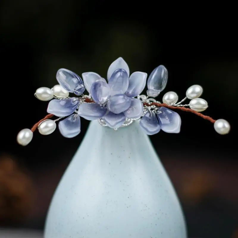Blue Flower Hair Clip with Pearl Accents - Image 6