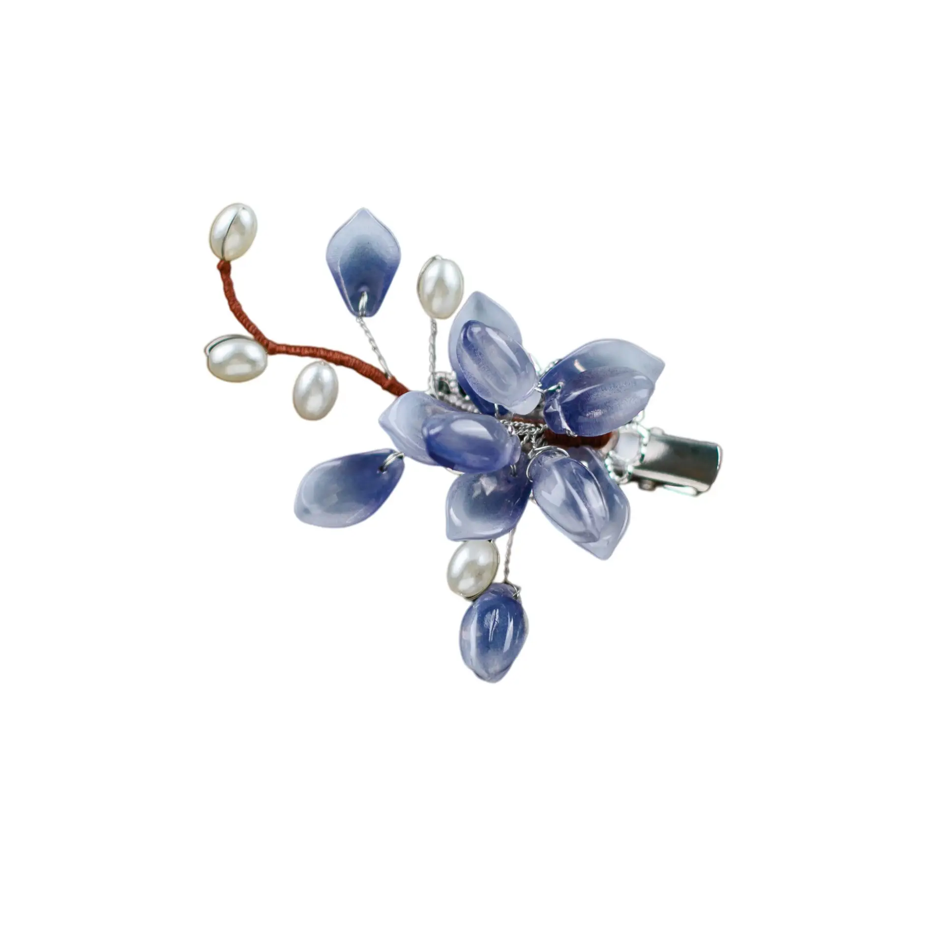 Blue Flower Hair Clip with Pearl Accents - Image 7
