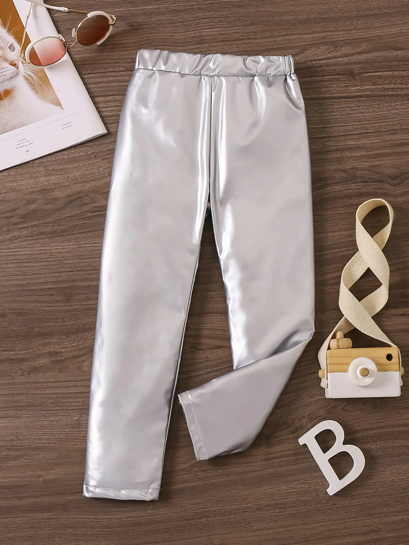 Women's Silver Leather Pants Tight Elastic Baby Leggings - Image 3