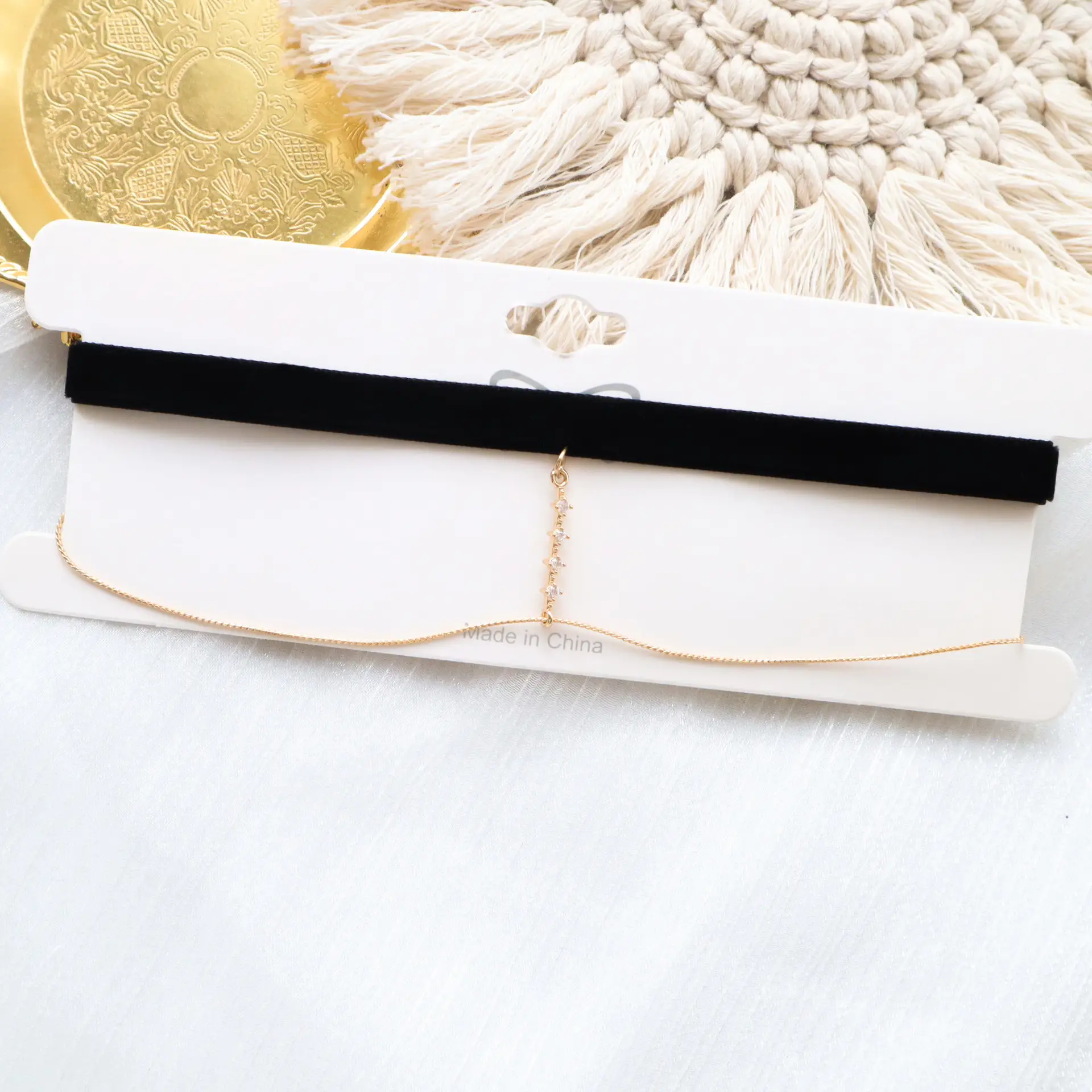 Black Velvet Chocker Neck Strap with Crystal Diamond Double Chain - Image 5