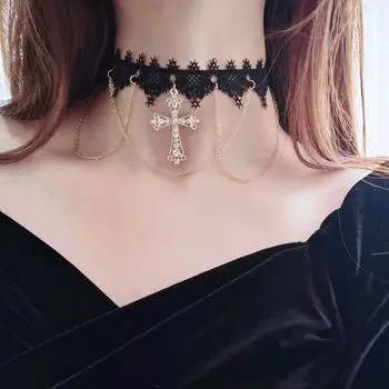 Black Velvet Chocker Neck Strap with Crystal Diamond Double Chain — feature 1