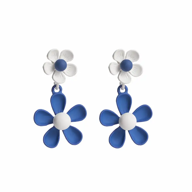 Klein Blue Flower Earrings Silver Dangle Earrings