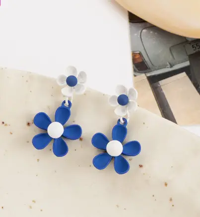 Klein Blue Flower Earrings Silver Dangle Earrings