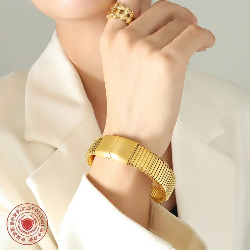 Gold Plated Striped Titanium Steel Bracelet for Women - Image 6