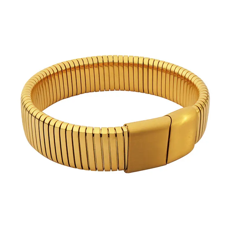 Gold Plated Striped Titanium Steel Bracelet for Women - Image 7
