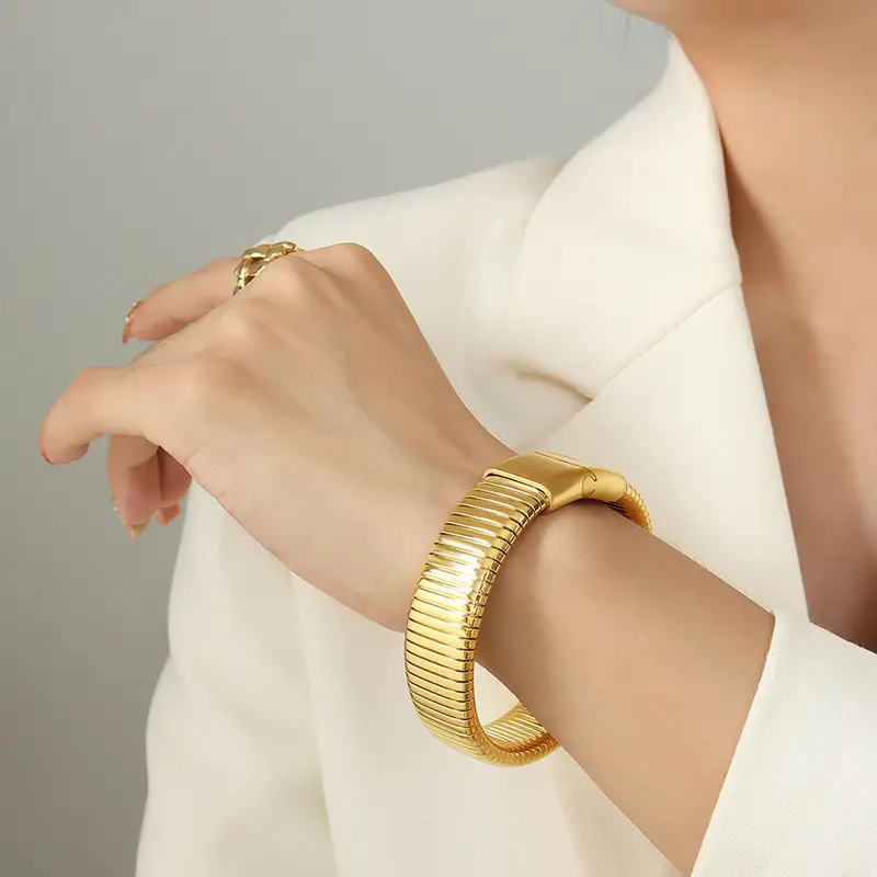 Gold Plated Striped Titanium Steel Bracelet for Women - Image 2