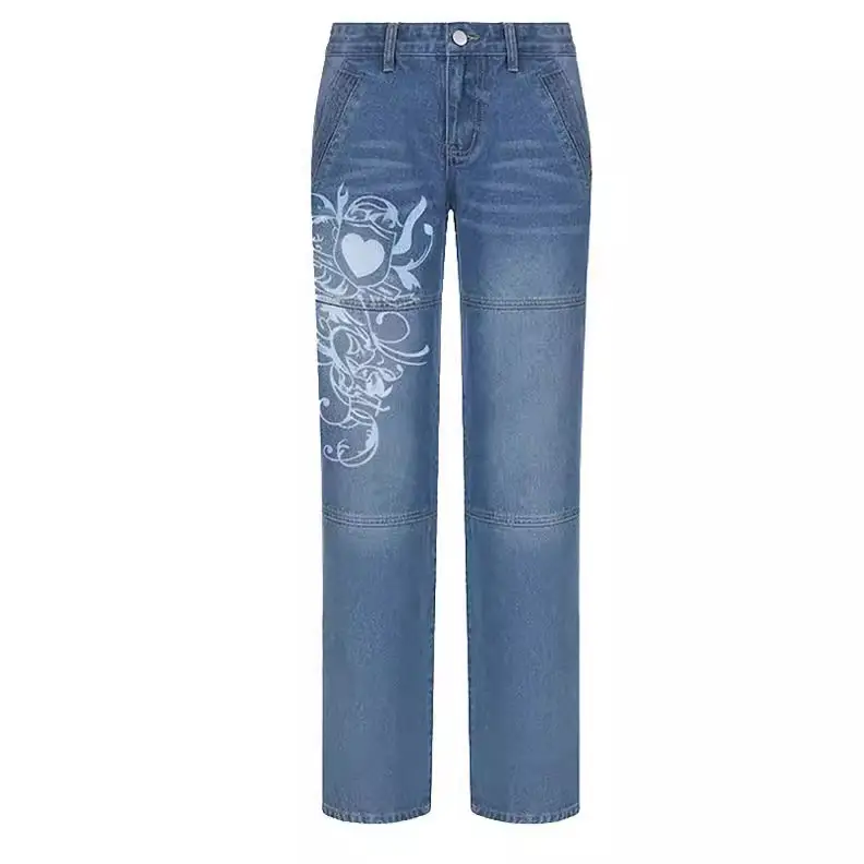 Women's Irregular Printed Loose Trousers Low Waist Pleated Washed