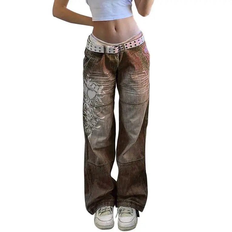Women's Irregular Printed Loose Trousers Low Waist Pleated Washed