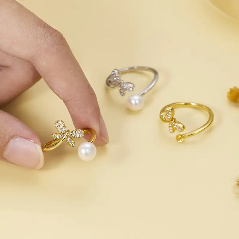 Cross-border Korean Fashion Butterfly Pearl Ring Gold Silver - Image 2